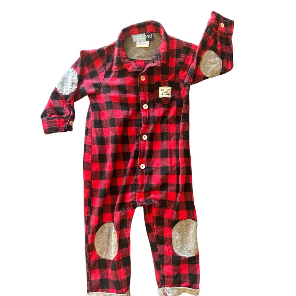 Good Lad INFANT RED & BLACK BUFFALO CHECK BUTTON ROMPER “Little Man” 18m​